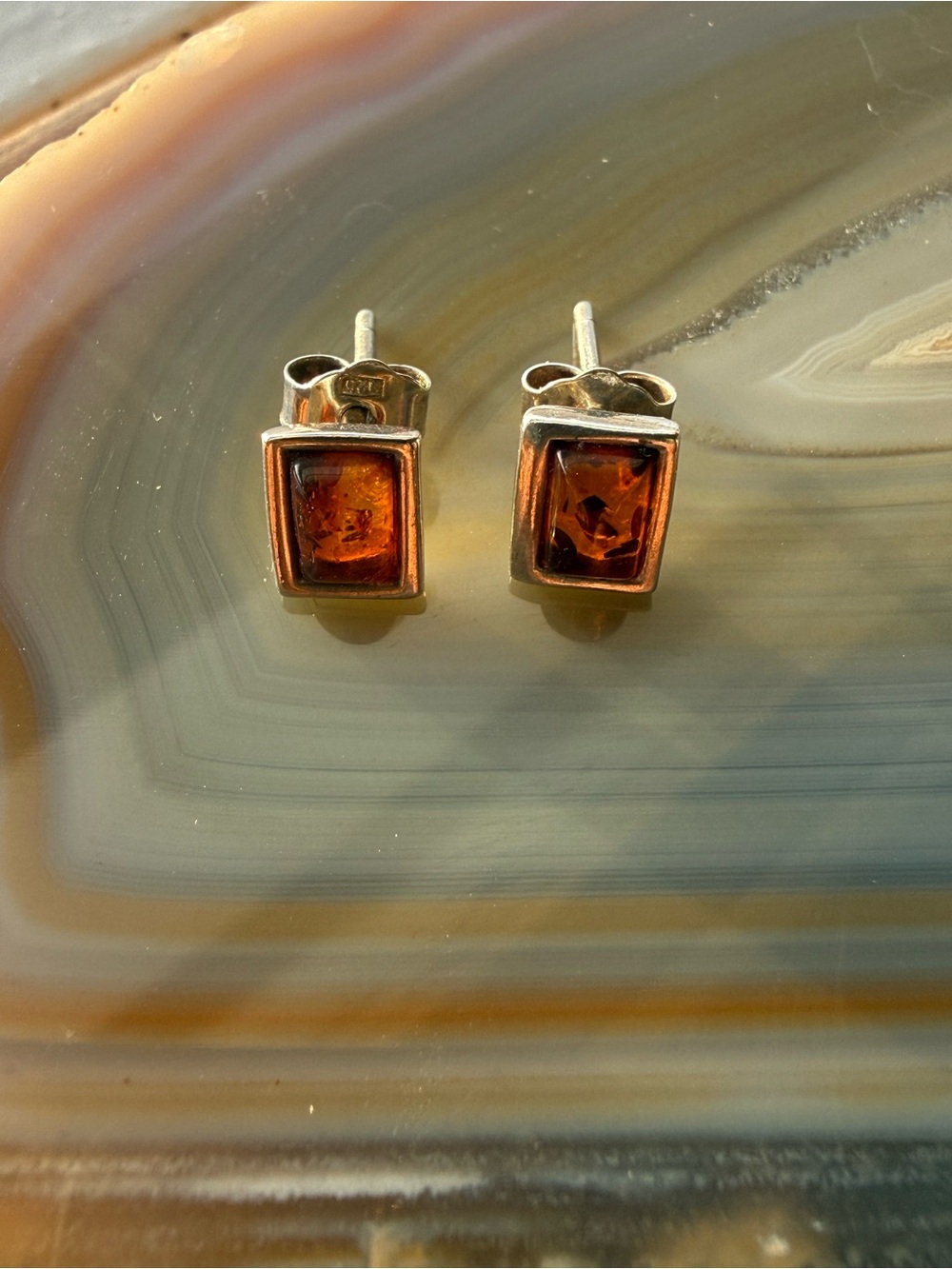 Sterling Silver Amber Rectangle Stud Earrings - Amber